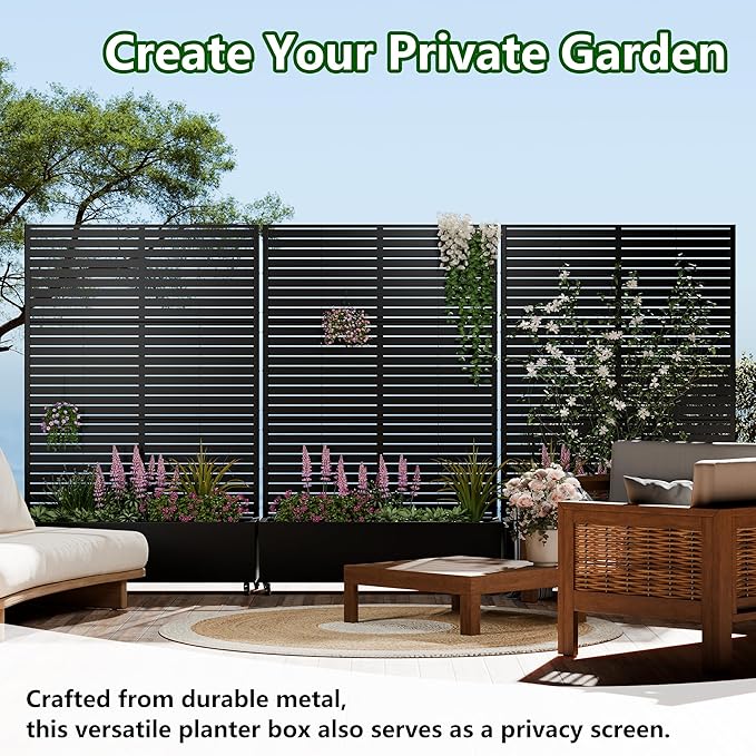 Casaphoria Raised Garden Bed Metal Planter Box with Trellis 72x47x16 for Outdoor Climbing Plants Flowers Vegetables and Vines Privacy Screen with Wheels and Drainage Holes(Black Louvered02)