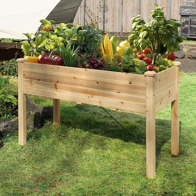 47x23x30in Raised Garden Bed with Legs Outdoor Elevated Wood Planted Box with Liner &amp Drainage Hole for Vegetable Flower Backyard and Patio Natural