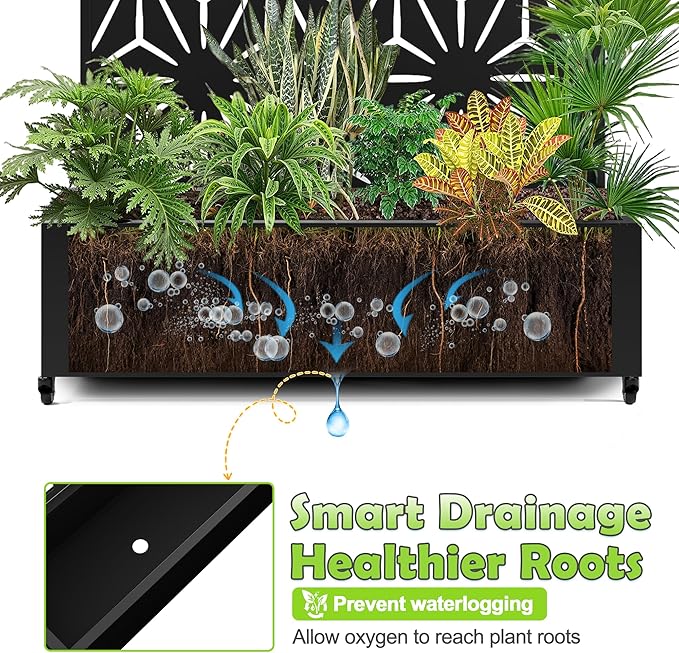 15.7×70.9×47.2 Metal Raised Garden Bed with Trellis and Wheels - Tall Trellis Planter Box for Climbing Plants Vegetables &amp Vines - Outdoor Privacy Planters for Patio (Black-Star)