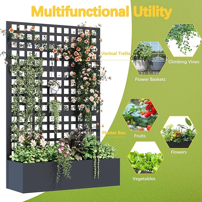 Metal Planter Box with Trellis 71x 47x 16 Raised Garden Bed Planter Box Trellis with Privacy Screen and Drainage Holes Black