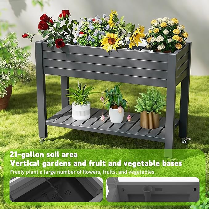 Elevated Raised Garden Bed with Legs 33.66 Tall Self-Watering Resin Outdoor Planter Box with Storage Shelf Drain Plug Water &amp Monitor for Plants Vegetables Flowers Fruits (Black)