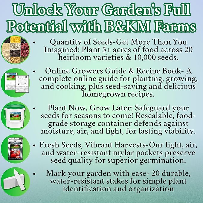 B&ampKM Farms 10000 Non GMO Heirloom Vegetable Seeds for Planting Vegetables and Fruits (20 Variety Pack) - Gardening Seed Starter Kit Survival Gear Food Gardening Gifts Prepper Supplies