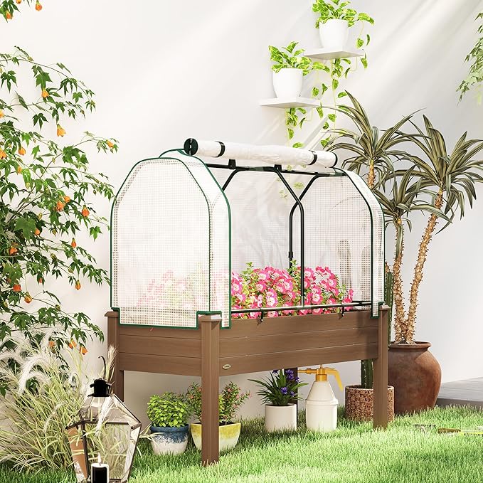 Outsunny Raised Garden Bed with PE Greenhouse Cover Outdoor Elevated Wood Planter Box for Herbs and Vegetables Use for Patio Backyard Balcony 48 x 22 x 46 inch Brown