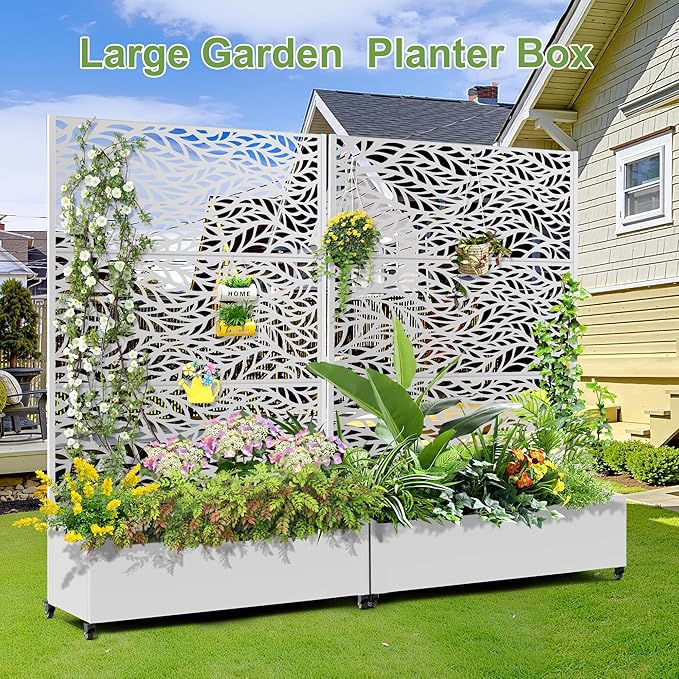 Raised Garden Bed with Trellis and Wheels73x47x16 Metal Raised Garden BedWhite Flowing Leaf Metal Planter with Climbing Trellis for Vines &amp Vegetables