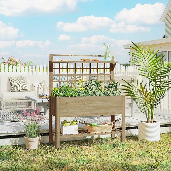 Outsunny 41 Raised Garden Bed with Trellis on Wheels Wooden Elevated Planter Box with Legs and Bed Liner for Flowers Herbs &amp Vegetables Dark Brown