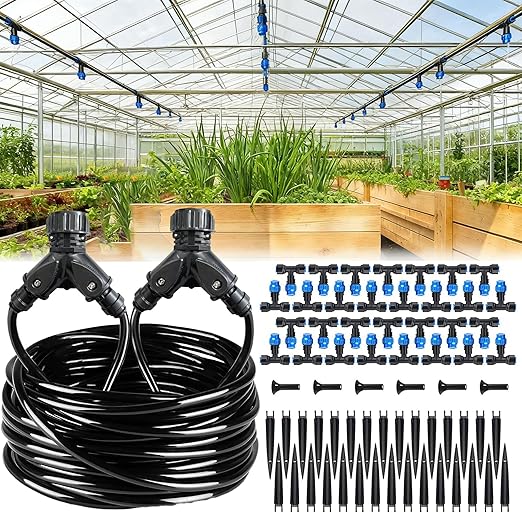 NACNO118FT Greenhouse Misting Cooling System - DIY Automatic Irrigation Kit for Hanging Plants Patio &amp Garden. Adjustable Atomizing Nozzles with 1/4 Tubing &amp Quick Connector Design.