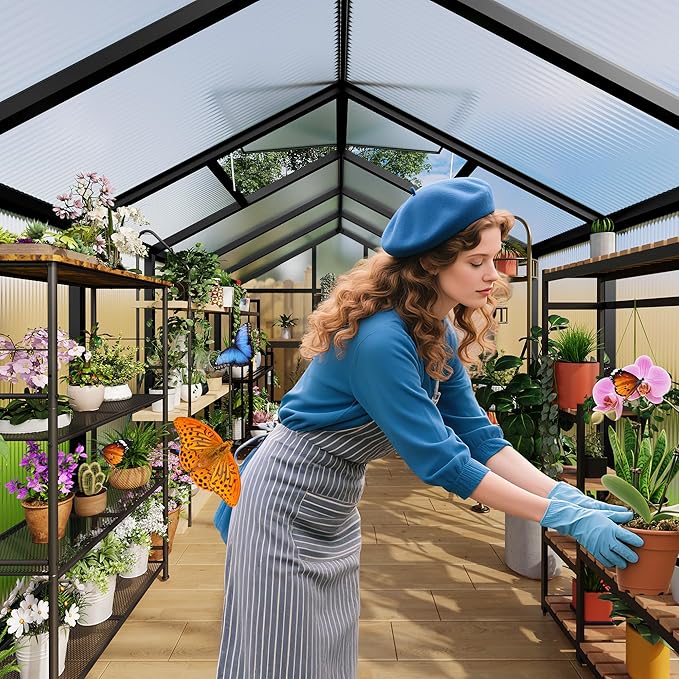6X6 FT Greenhouse for Outdoors Large Walk-in Polycarbonate Greenhouse Kit Aluminum Frame Lockable Door Roof Vent Ground Spikes for Garden Patio Backyard Outdoor Plant Growth