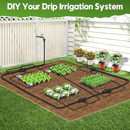 110FT Drip Irrigation System for Garden Quick-Connect Automatic Garden Watering System with 1/2 &amp 1/4 Tubing and Accessories - Adjustable Sprinklers Kit for Greenhouse Yard Lawn Raised Bed