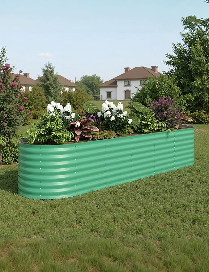 GarveeLife Galvanized Raised Garden Bed Outdoor 8x2x2 ft Oval Metal Planter Box for Flowers Vegetables Herbs- Green