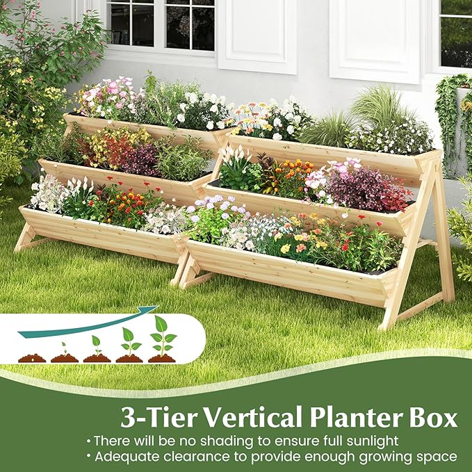 3-Tiers Raised Garden Bed Wooden Garden Planter with 3 Planter Box &amp Storage Shelf 2 Convenient Side Hooks Outdoor Elevated Plant Box Stand with Leg for Flowers Vegetables
