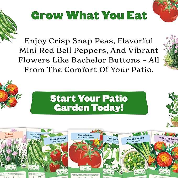 Epic Gardening Beginner Patio Garden Seed Kit - 7 Compact Varieties for Small Spaces Includes Peppers Beans Tomatoes &amp Flowers Non-GMO Seeds for Urban Gardening in Containers or Balconies