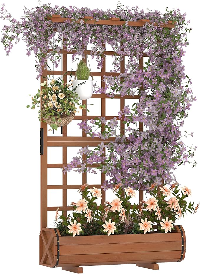 GarveeLife 67 h Raised Garden Bed with Trellis &amp Roof - Wooden Planter Box with Drainage Freestanding Outdoor Garden Box for Climbing Vines Vegetables Flowers - Perfect for Yard Patio Balcon