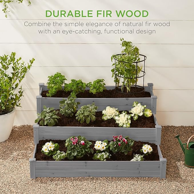 Best Choice Products 3-Tier Fir Wood Raised Garden Bed Planter Kit for Plants Herbs Vegetables Outdoor Gardening w/Stackable &amp Flat Arrangement Easy Assembly - Gray