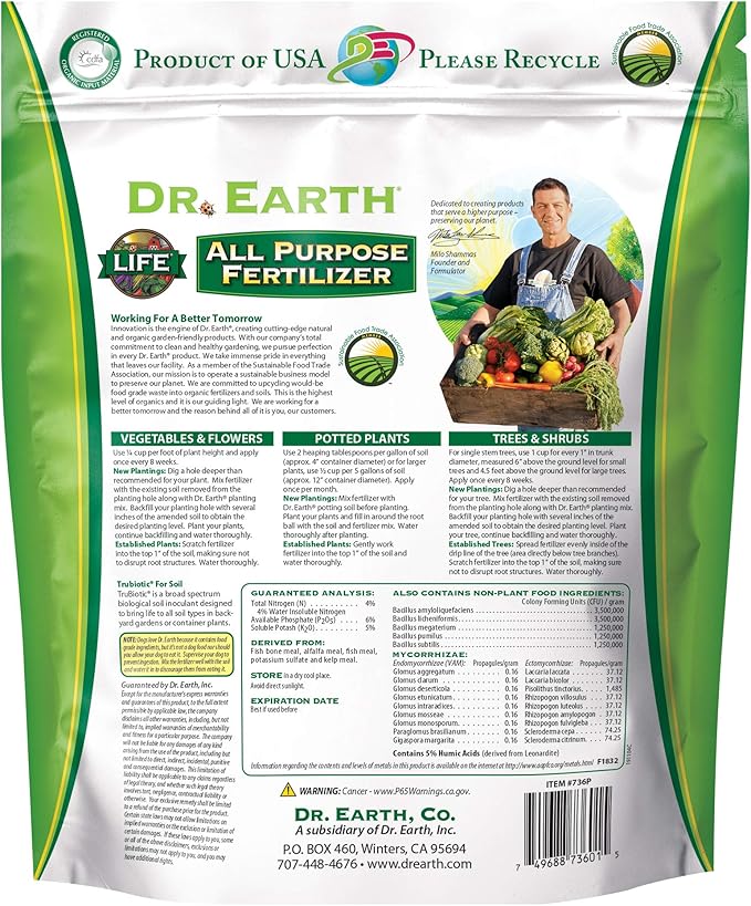 Dr. Earth Life All Purpose 4-6-5 Fertilizer 4-Lb - New #736P Packaging for 2020 (6-Bags)
