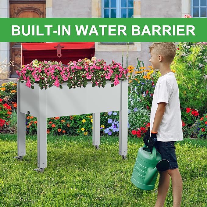 Mobile Raised Garden Bed with Lockable Wheels Elevated Planter Box with Drainage &amp Internal Support Bars Eco-Friendly Outdoor Planter for Patio Balcony Yard (Ashen30.04*17.72*28.9)