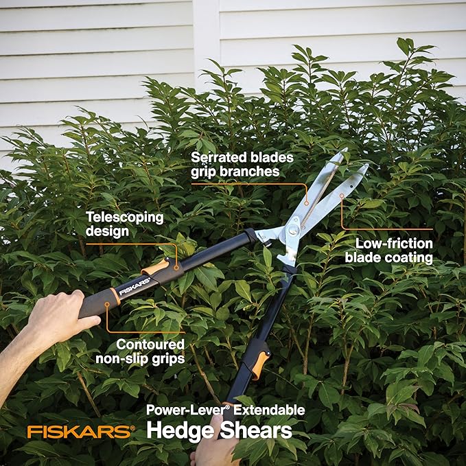 Fiskars Power-Lever Extendable Hedge Shears Self-Sharpening Serrated Steel Blades for Clean Cuts Handles Adjust 25-33 for High Reach Multiplies Leverage for 2x Power 10 Blades Orange/Black