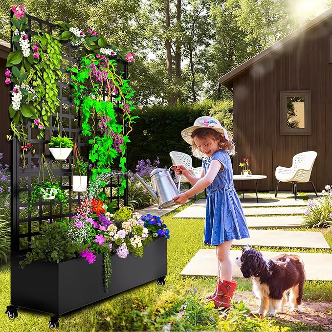 Metal Planter Box with Trellis 72.1x47.2x16 Galvanized Raised Garden Bed with Privacy Screen &amp Drainage Holes &amp Lockable Casters for Climbing Plants Flower Vegetable (Black-Grid)