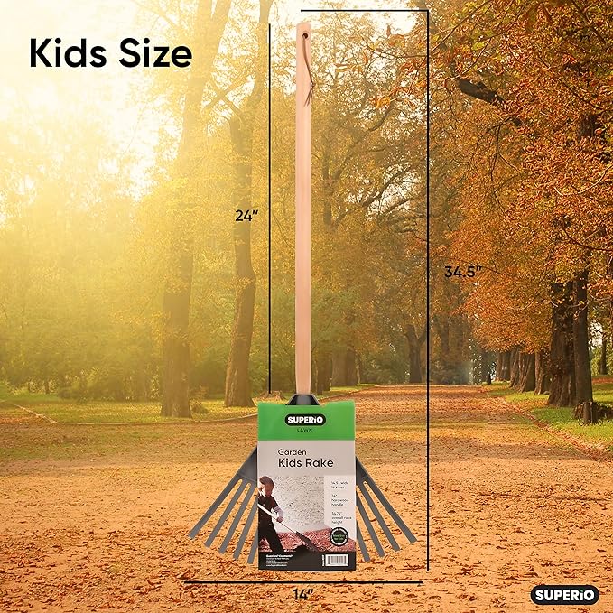 Superio Kids &amp Adult Set Rakes with Hardwood Handle Durable Plastic Head to Sweep Leaves in Lawn and Tidying Up The Garden Kids Size 34 Adult Size 61