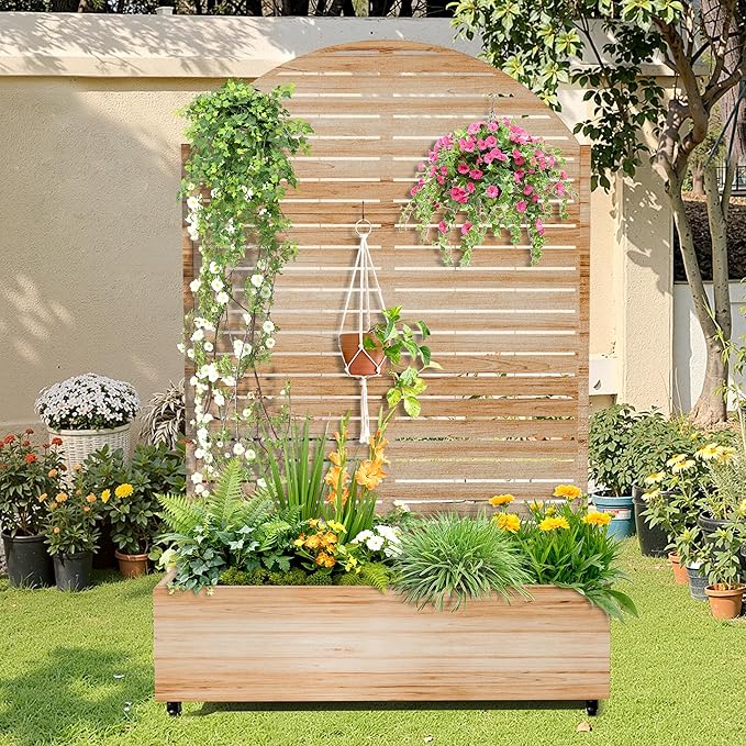 Metal Raised Garden Bed with Trellis 2-in-1 Planter Box &amp Privacy Screen for Climbing Plants Outdoor Standing Flower Bed with Drainage Holes 47.2 L x 16.7 W x 70.8 H Acacia Wood Grain-Louve