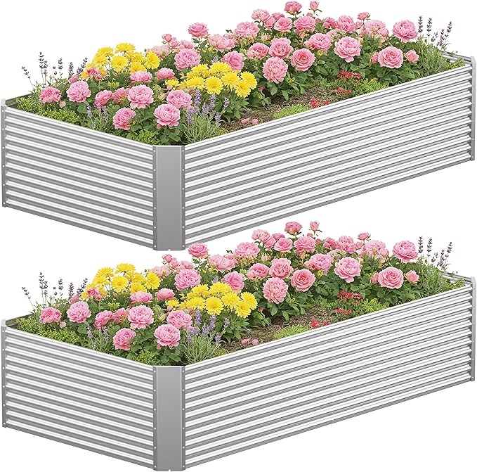2 Pcs 8 x 4 FT x 1.5 FT Galvanized Steel Raised Garden Bed – Outdoor Planter Box for Root Vegetables Herbs &amp Flowers Large Metal Garden Beds for Backyards Terraces and Balconies