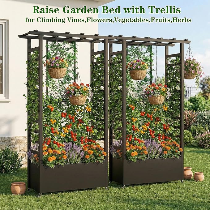 74 Mobile Planter with TrellisWeatherproof Vertical Raise Garden Bed with Trellis &amp Hanging Roof for Climbing PlantsFlowersVegetablesRust-Proof Metal Privacy Planter for Patio (Black-A)