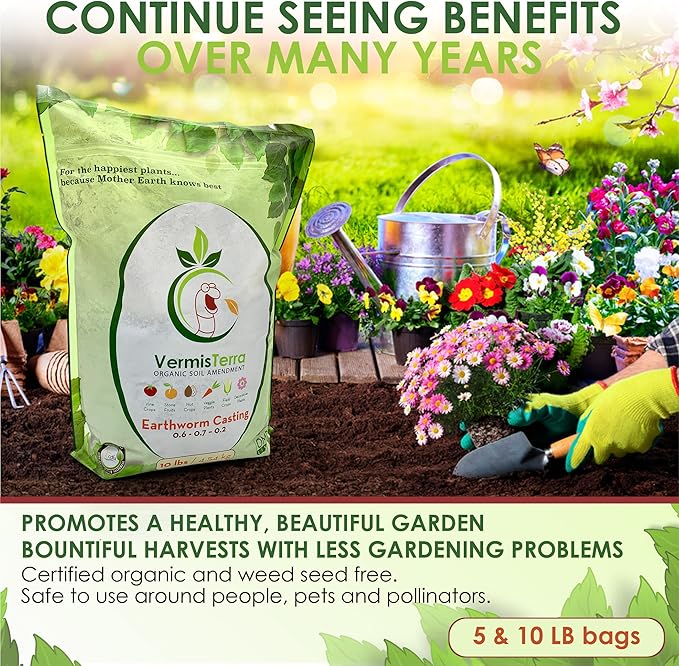 VermisTerra - Premium Earthworm Castings - Organic 10 LB Very fine Low Moisture Content Easy to Spread. Seed Starting propgation Improve Soil Structure Natural Plant Hormones for Fertility