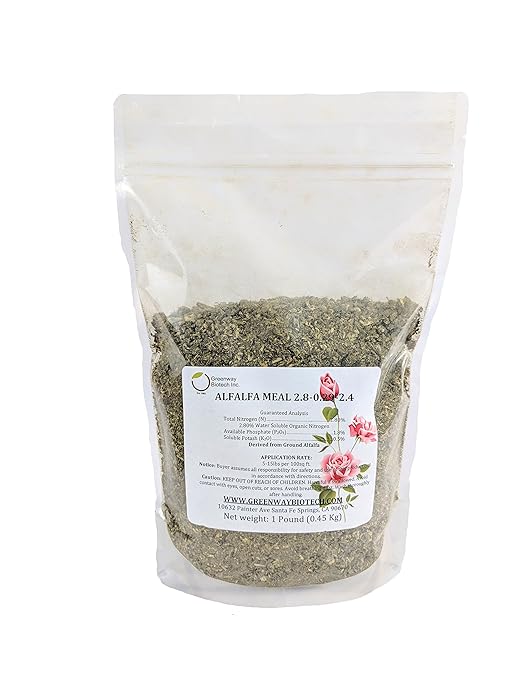 Greenway Biotech Inc. Organic Alfalfa Meal Fertilizer 2.5-0-2.5 | Rose &amp Vegetable Plant Food with Triacontanol Growth Stimulant | Non-GMO Phosphorus-Free | 1 Pound