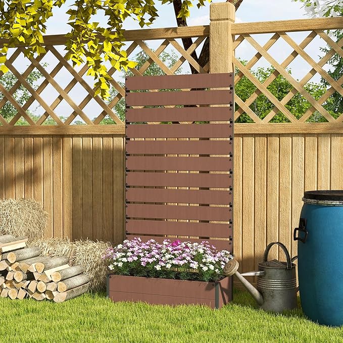 Outsunny Raised Garden Bed with Trellis for Climbing Plants Planter Box with Self Draining Gap Freestanding Trellis Planter for Outdoor Patio Deck 35.75 x 15 x 70.75 Light Brown
