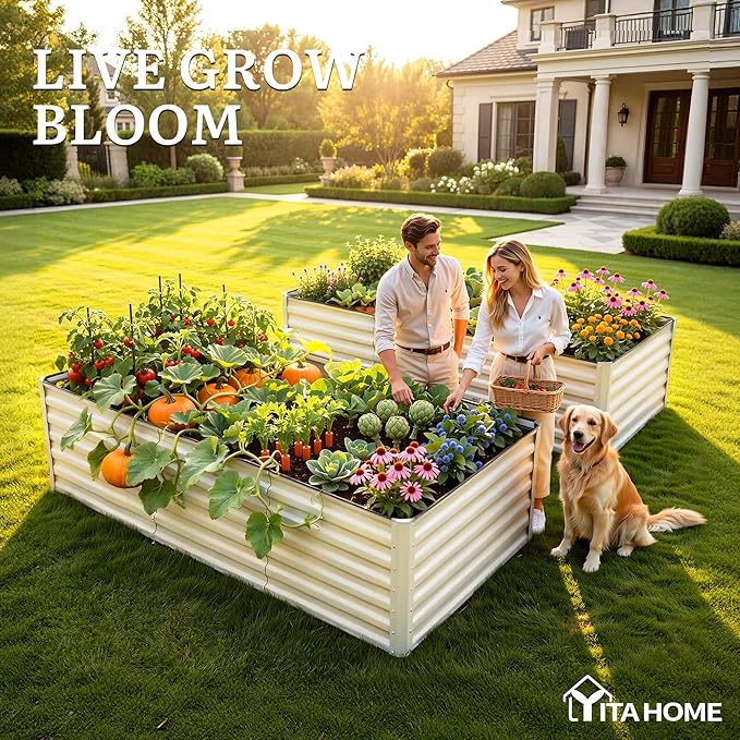 YITAHOME 8x4x2ft Large Raised Garden Bed Kit Galvanized Metal Planter Box with Gloves Support Rod &amp Safety Rubber Outdoor Above Ground Planters for Plants Vegetables Flowers Cream Yellow