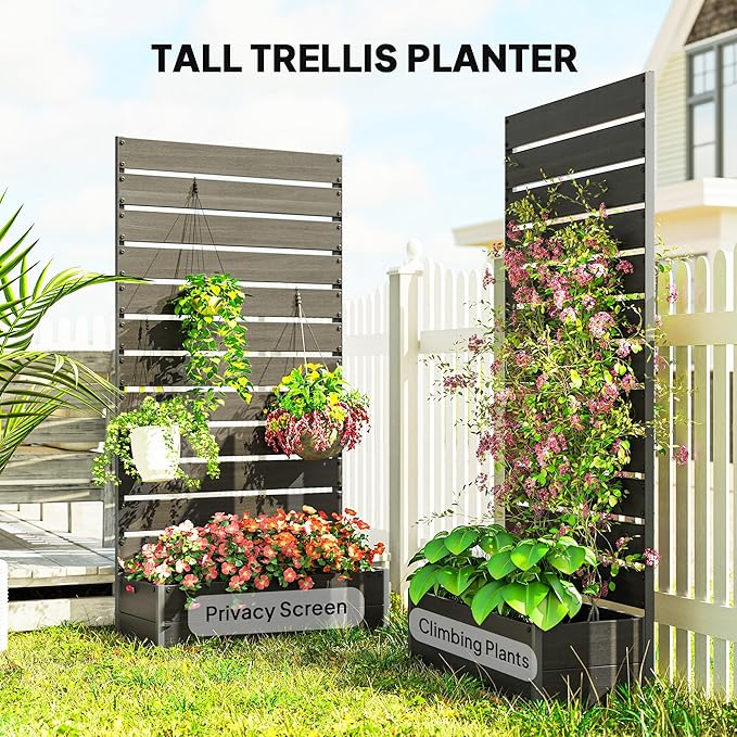 Outsunny Raised Garden Bed with Trellis for Climbing Plants Planter Box with Self Draining Gap Freestanding Trellis Planter for Outdoor Patio Deck 35.75 x 15 x 70.75 Black