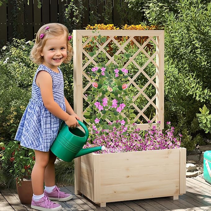 Giantex Raised Garden Bed with Trellis Wooden Elevated Planter Box for Climbing Plants Outdoor Garden Planter for Vegetables Flowers Herbs Patio Balcony Planting Box 23 x 14 x 40 Inch