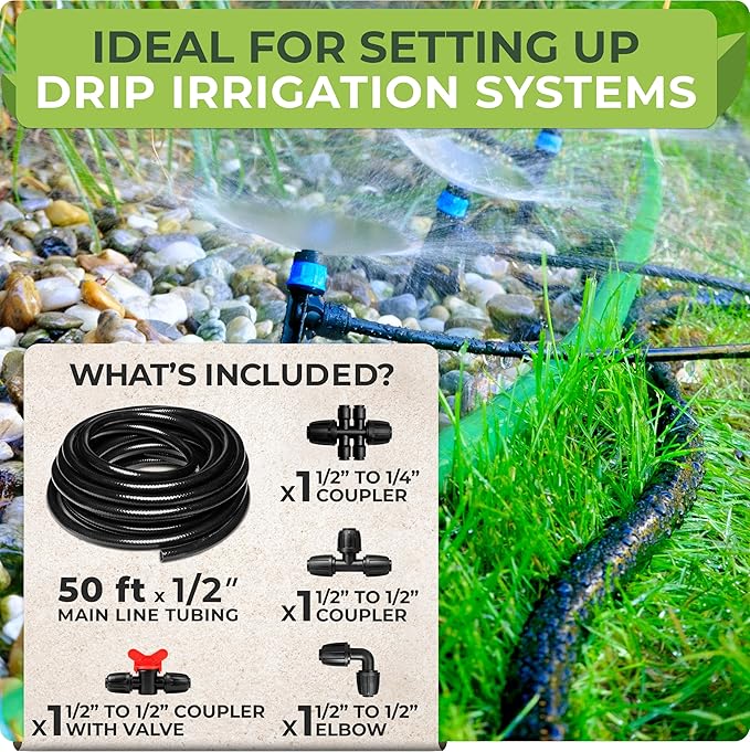Carpathen 50 FT 1/2 Irrigation Tubing Mainline - Drip Irrigation Tubing Perfect for Push-To-Connect Garden Irrigation System or as Blank Distribution Hose with 4 Connectors Included