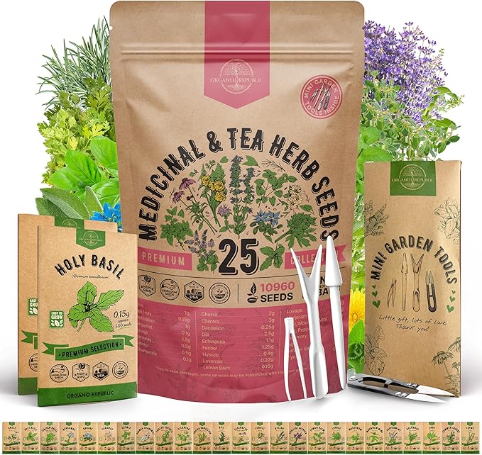 Organo Republic 25 Medicinal &amp Tea Herb Seeds Variety Pack for Indoor &amp Outdoors. 10900+ Non-GMO Heirloom Garden Seeds: Anise Borage Cilantro Chamomile Dandelion Rosemary Peppermint Seed
