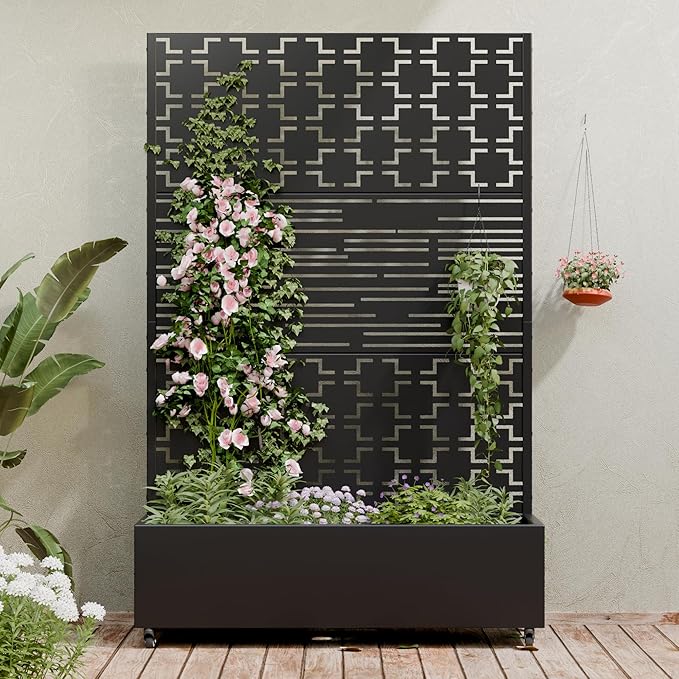 Casaphoria Metal Raised Garden Bed with Trellis and Wheels 72x47x16 Planter Box for Climbing Plants Vegetables &amp Vines Features Drainage Holes and Privacy Screen Black(Square&ampShine)