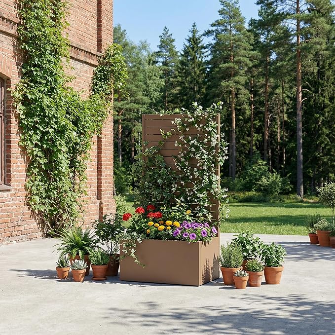 Casaphoria Metal Raised Garden Bed with Trellis 59x30x12 Planter Box for Climbing Plants Vegetables &amp Vines Features Drainage Holes and Privacy Screen (Black-Louvered)