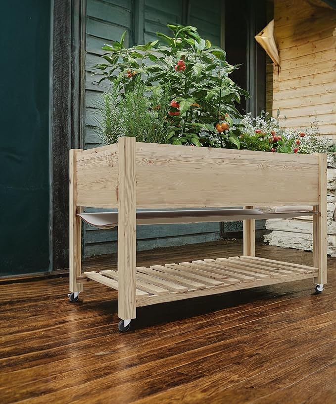 Heavys Duty 48x24x32 Inch Raised Garden Bed with Lockable Wheels Elevated Planter Box for Vegetables Herbs &amp Flowers - Mobile Design Built-in Storage Shelf Weather-Resistant Liner for Patio D
