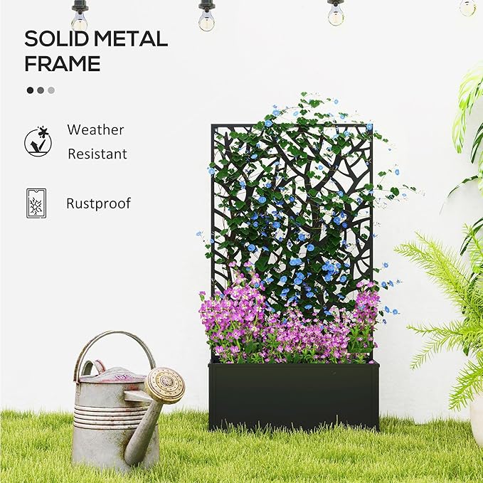 24inL x 9.1inW x 44.5inH Black Metal Planter Featuring Two Large Tree Cut-Out Trellises 110lb Support Weather-Resistant Coating Wall or Stand Use
