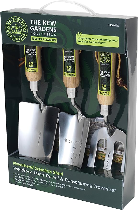 Spear &amp Jackson 3056KEW Kew Gardens Neverbend Stainless 3 Piece Hand Tool Gift Set – Planting Trowel Transplant Trowel &amp Weed Fork – Mirror-Polished Stainless Steel Heads