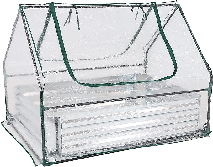 Sunnydaze Steel Raised Garden Bed with Mini Greenhouse - Outdoor Greenhouse Kit - 2 Zippered Doors - Clear - 4' x 3'