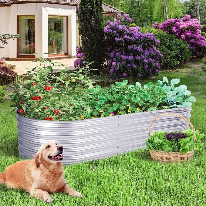 Aoodor Galvanized Raised Garden Bed Kit 6.6 x 2.6 x 1.4 Ft Oval Planter Box for Vegetables Flowers and Herbs Outdoor Use Silver