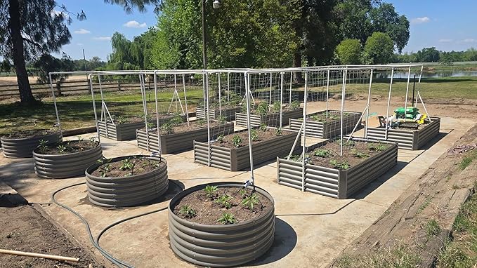A ANLEOLIFE Raised Garden Bed Bundle with 230FT Drip Irrigation System Kit 8x4x2ft Oval Metal Bed + 2-Pack Round Metal Planters Quartz Grey