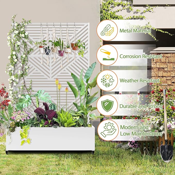 Raised Garden Bed with Trellis and Wheels73x47x16 Metal Raised Garden BedWhite Diamond Metal Planter with Climbing Trellis for Vines &amp Vegetables