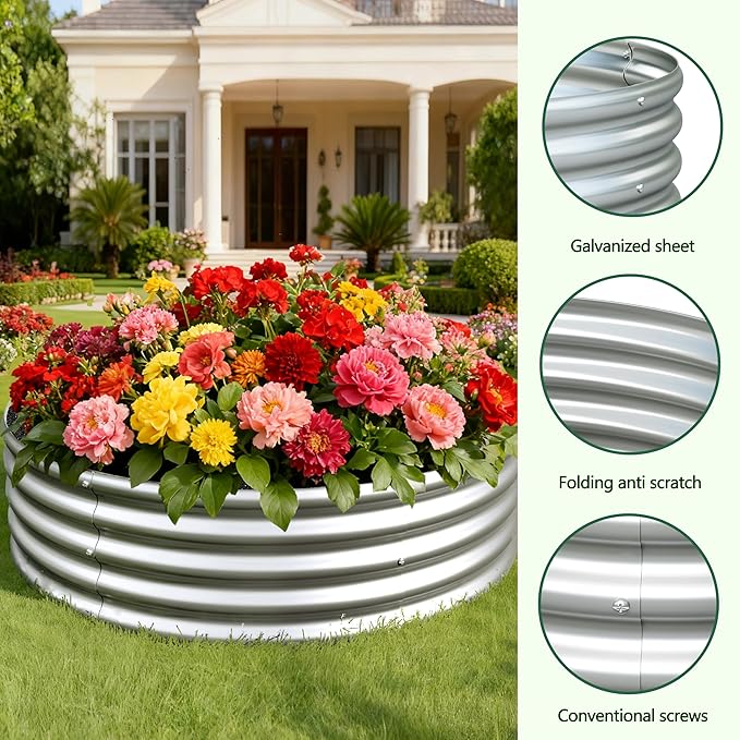 4x4x1ft(2 Pack) Galvanized Round Raised Garden BedOutdoor Planter Box Metal Patio Kit Planting Bed for Vegetables Flowers HerbSilver