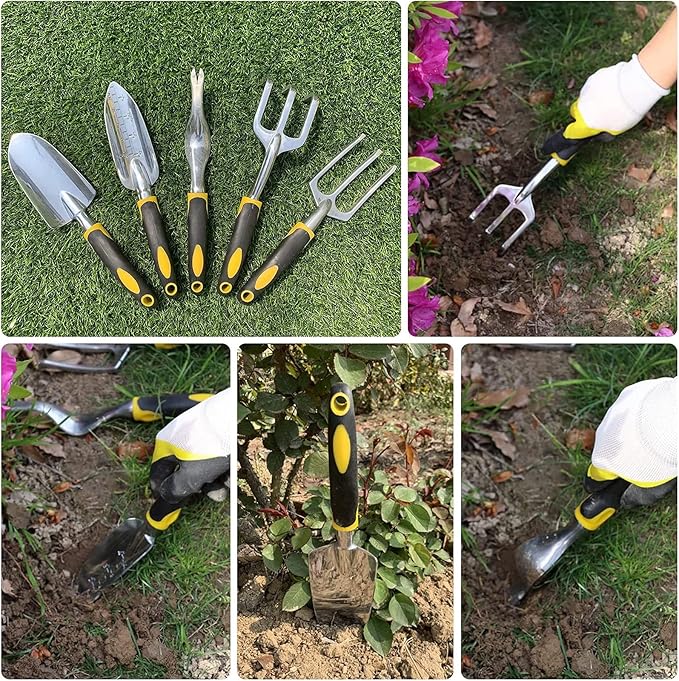 DINGFAN Garden Tool Set 5 Pcs Gardening Tool Set for Women Men Mini Aluminum Garden Hand Tools Kit Ideal Garden Tools Gifts for Women Men