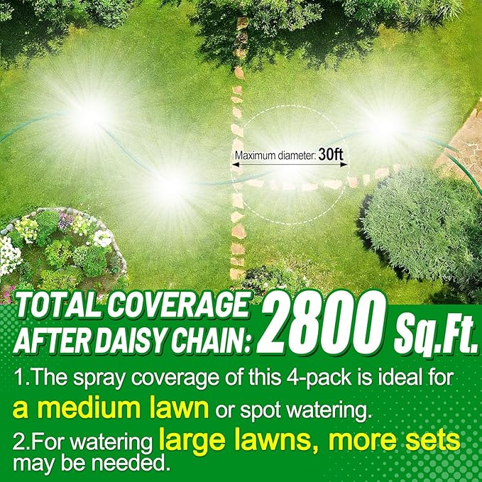 4 Pack Metal Lawn Sprinklers for Yard - 360° Coverage Water Sprinklers Adjustable Brass Nozzle with Aluminum Alloy Spike Base for Medium Garden Irrigation