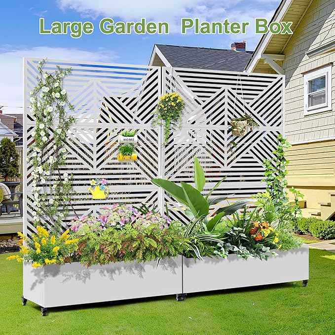 Raised Garden Bed with Trellis and Wheels73x47x16 Metal Raised Garden BedWhite Diamond Metal Planter with Climbing Trellis for Vines &amp Vegetables