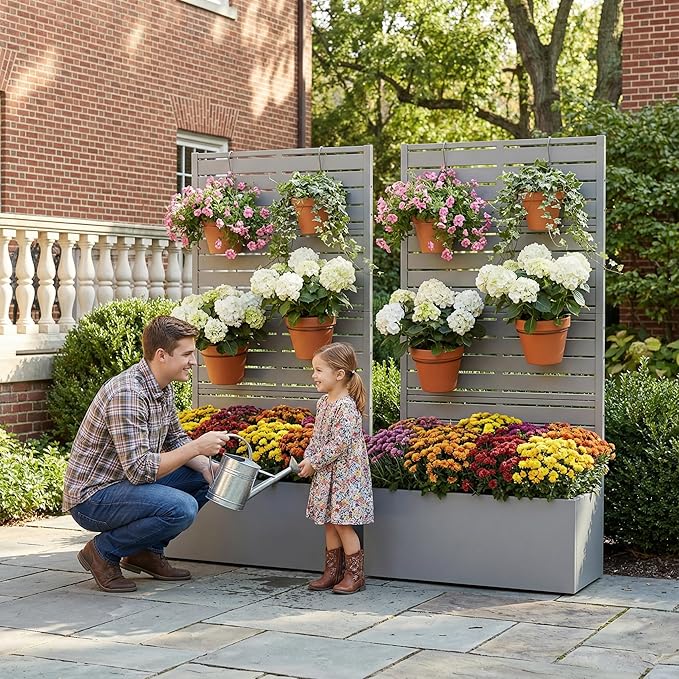 Casaphoria 60x30 Metal Raised Garden Bed with Trellis(2 Pack) Outdoor Planter Box with Wheels &amp Drainage Holes for Climbing Plants Flowers Elevated Garden Kit with Privacy Screen Grey-Louver