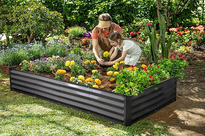 Plant &amp Plot Galvanized Raised Garden Beds Outdoor // 6×3×1 ft Planter Raised Beds for Gardening Vegetables Flowers // Large Metal Garden Box // Patented Tool-Free Design (Dark Gray)