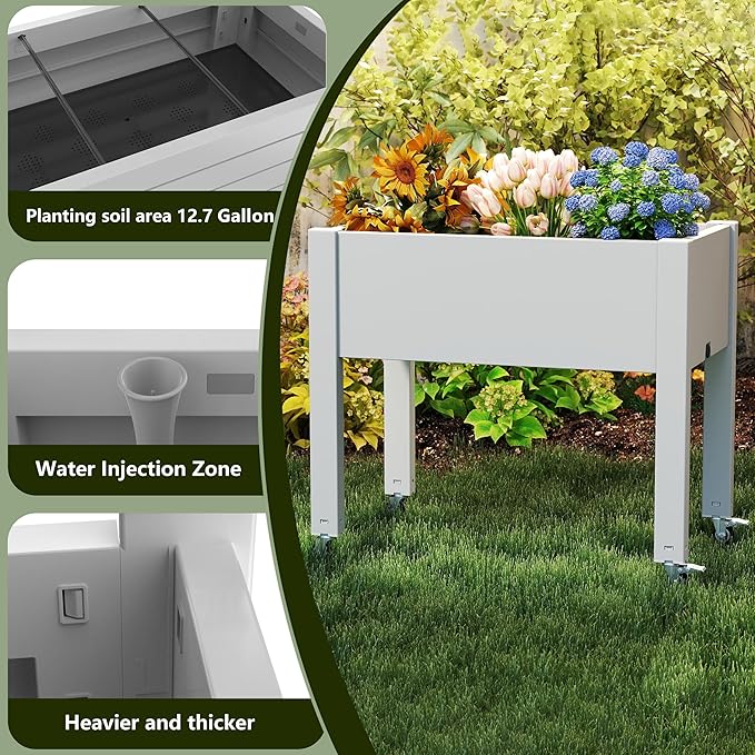 14 Gallon Raised Garden Bed with Wheels and Legs for Mobility Self-Watering Raised Planter Box with Drainage Plug and Gauge Durable Dust-Proof Resin for Garden Patio Balcony and Backyard