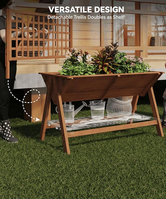 Large Wooden Raised Garden Bed with Trellis &amp Storage Shelf Tall Elevated Planter Box with Legs Extra Deep Standing Planter with Drainage Holes for Outdoor Vegetables Flowers &amp Herbs Natur